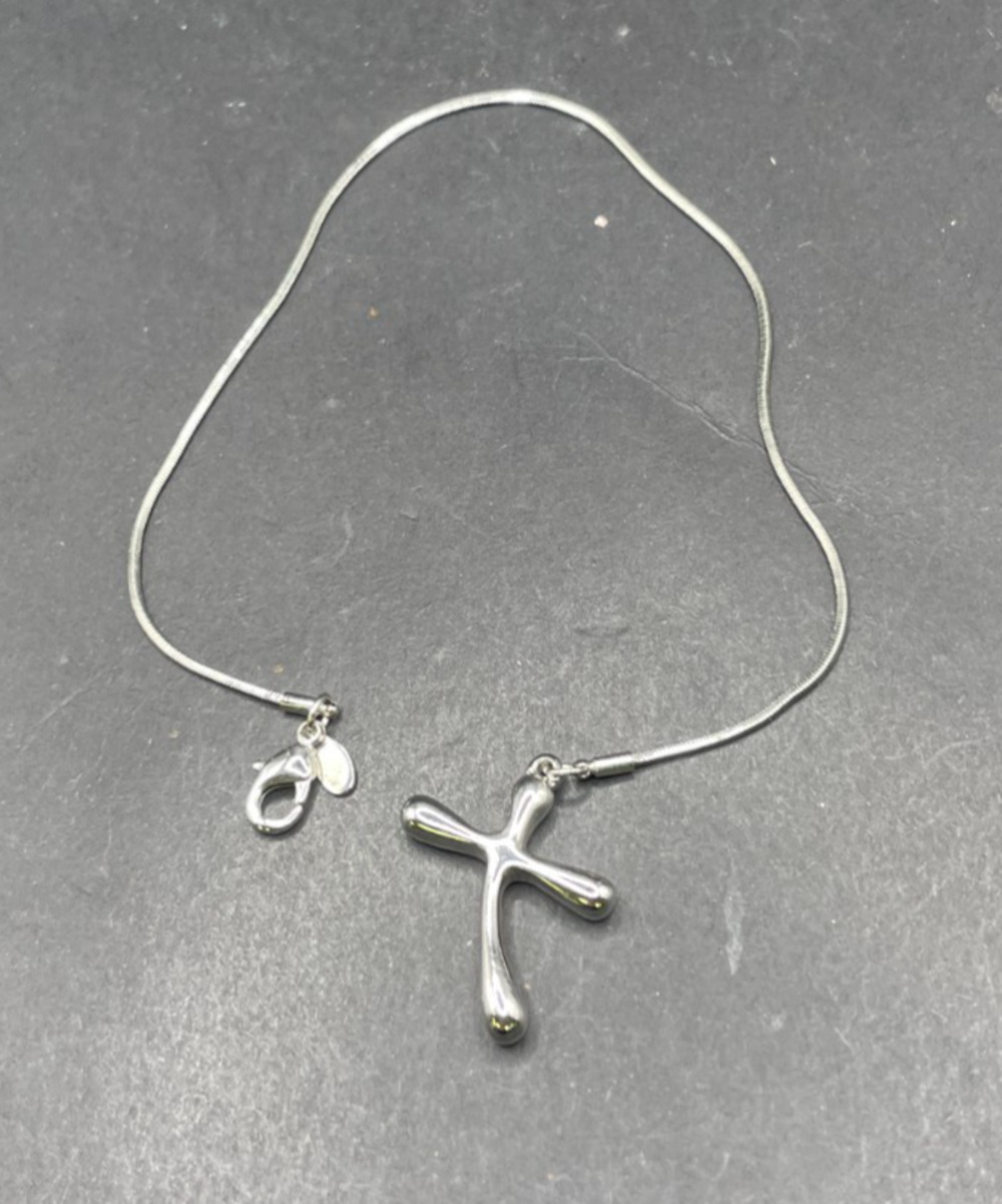 Vintage Solid Cross Pendant Silver Tone Snake Chain Necklace